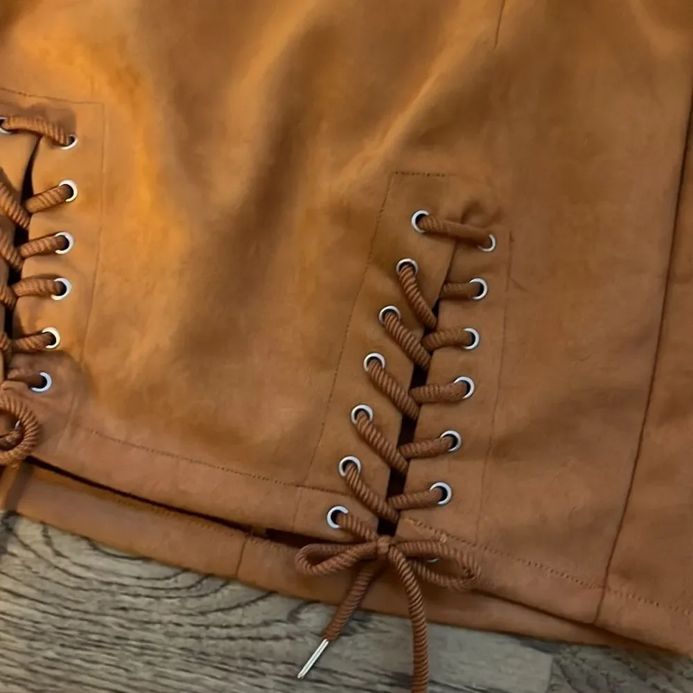 NWOT Lace-Up Faux Suede Mini Skirt coffee